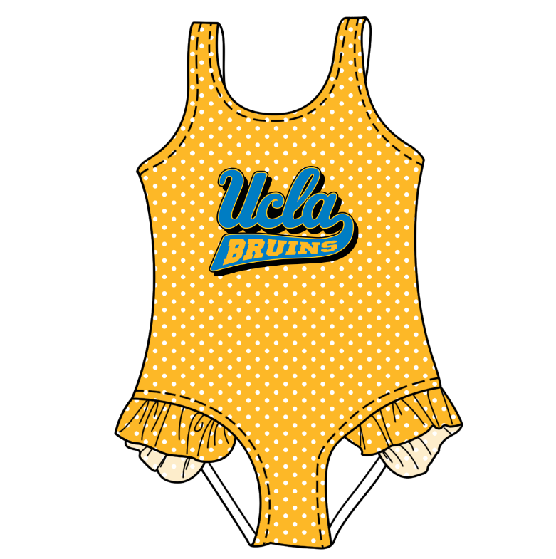 Preorder moq 5 Baby Girls Sleeveless Yellow Polka Dots Ucla Bruins Team Swimsuits