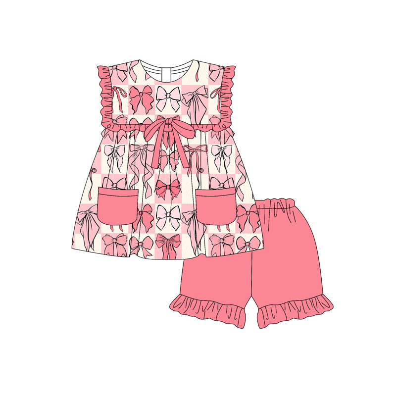 Preorder moq 5 Baby Girls Sleeveless Pink Bows Pockets Tunic Ruffle Short Set