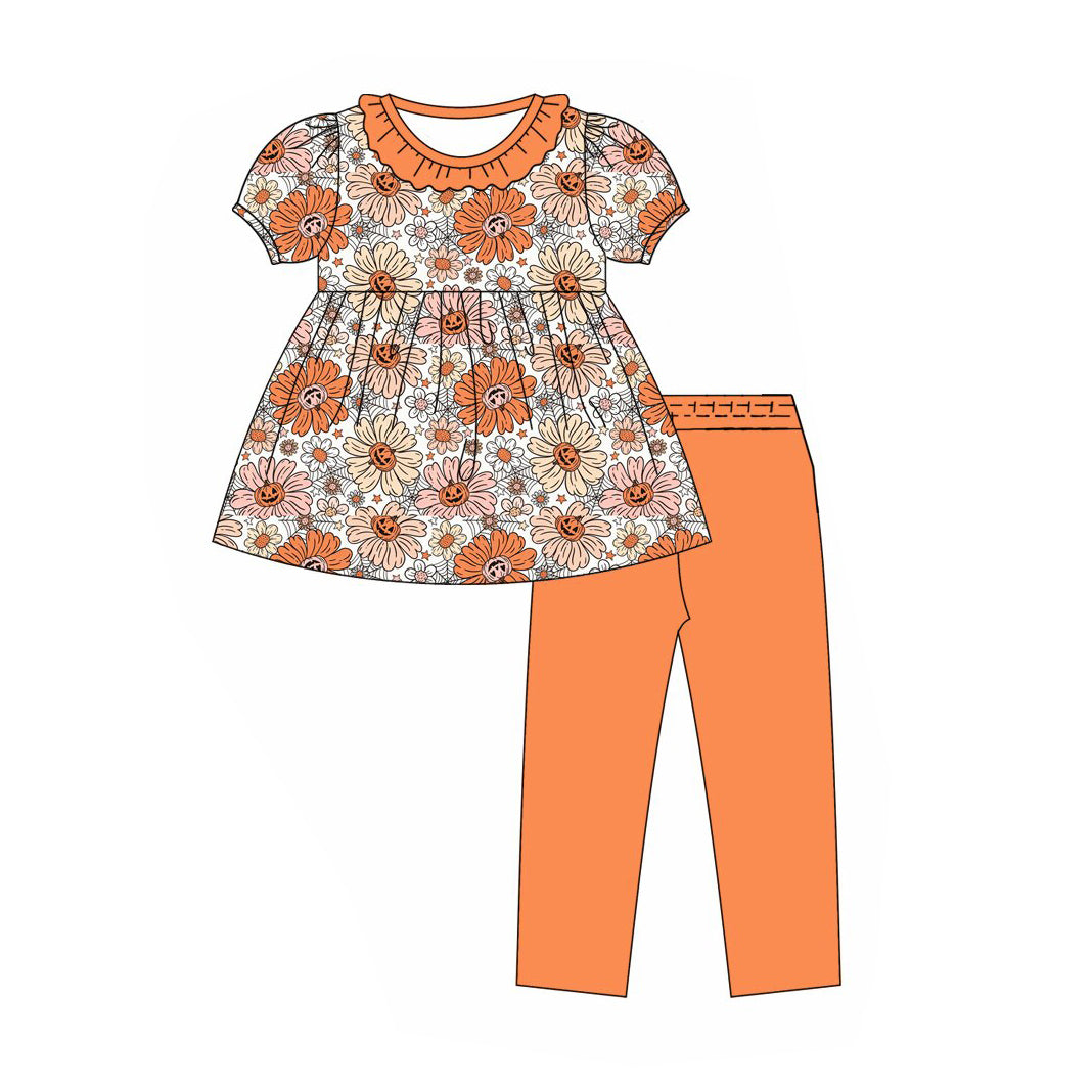 Preorder (moq 5)Baby Girls Short Sleeve Flowers Pumpkins Tunic Legging Halloween Clothes Sets