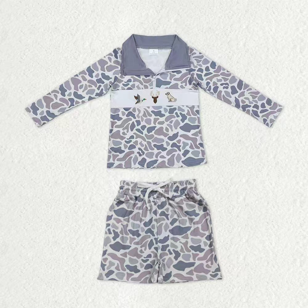 Baby Boys Light Grey Camo Embroidery Duck Dogs Deer Zip Pullover Pockets Shorts Hunting Clothes Sets
