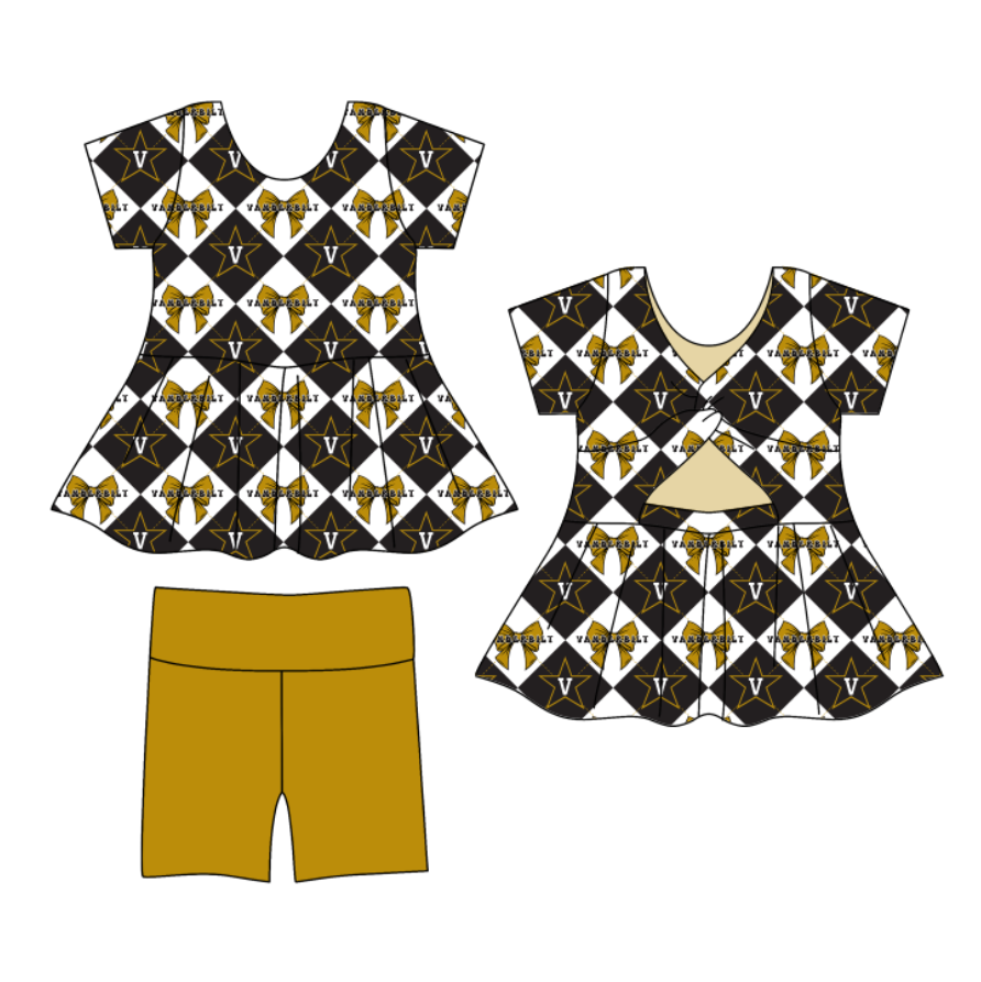 Preorder (moq 5)Baby Girls Team Bows Checked Tunic Shorts Clothes Sets