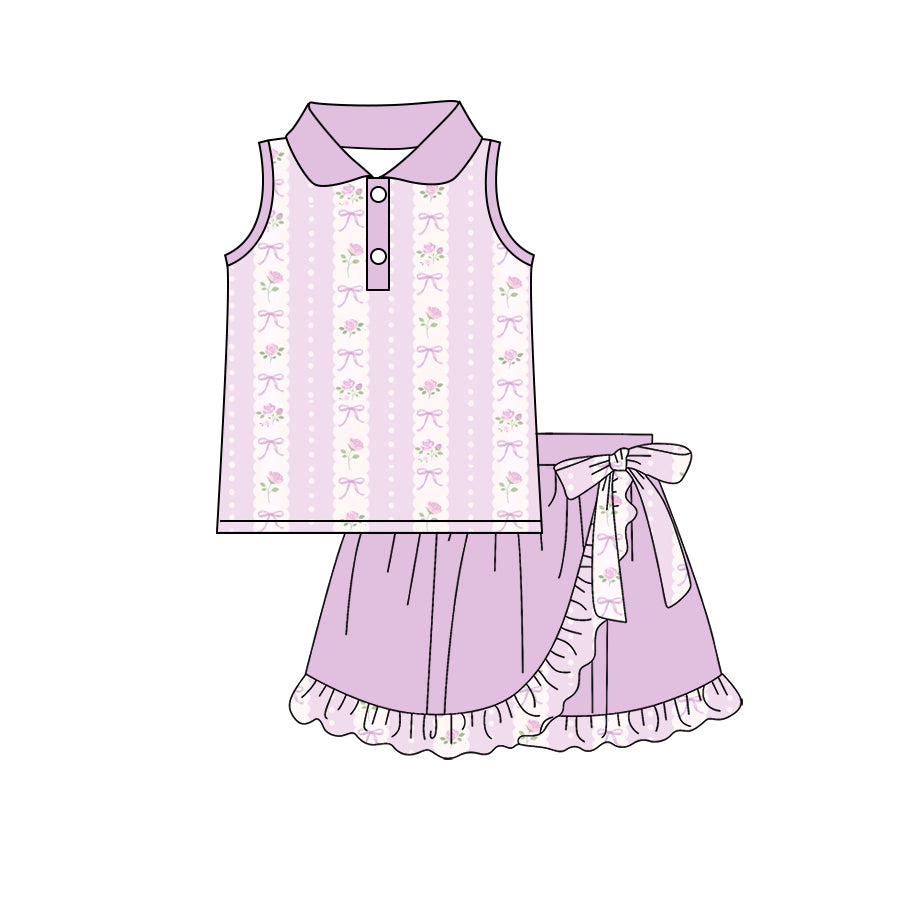 Preorder (moq 5)Baby Girls Flowers Bows Stripe Button Top Ruffle Skirt Shorts Clothes Set