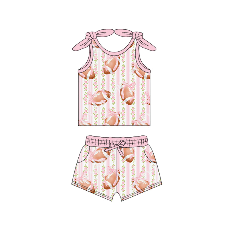 Preorder (moq 5)Baby Girls Bows Sleeveless Floral Footballs Stripes Top Pockets Shorts Set