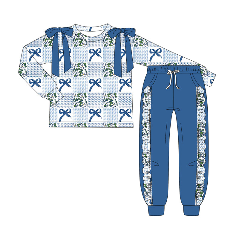 Preorder (moq 5)Baby Girls Long Sleeves Blue Bows Plaid Top Pockets Pant Clothes Set