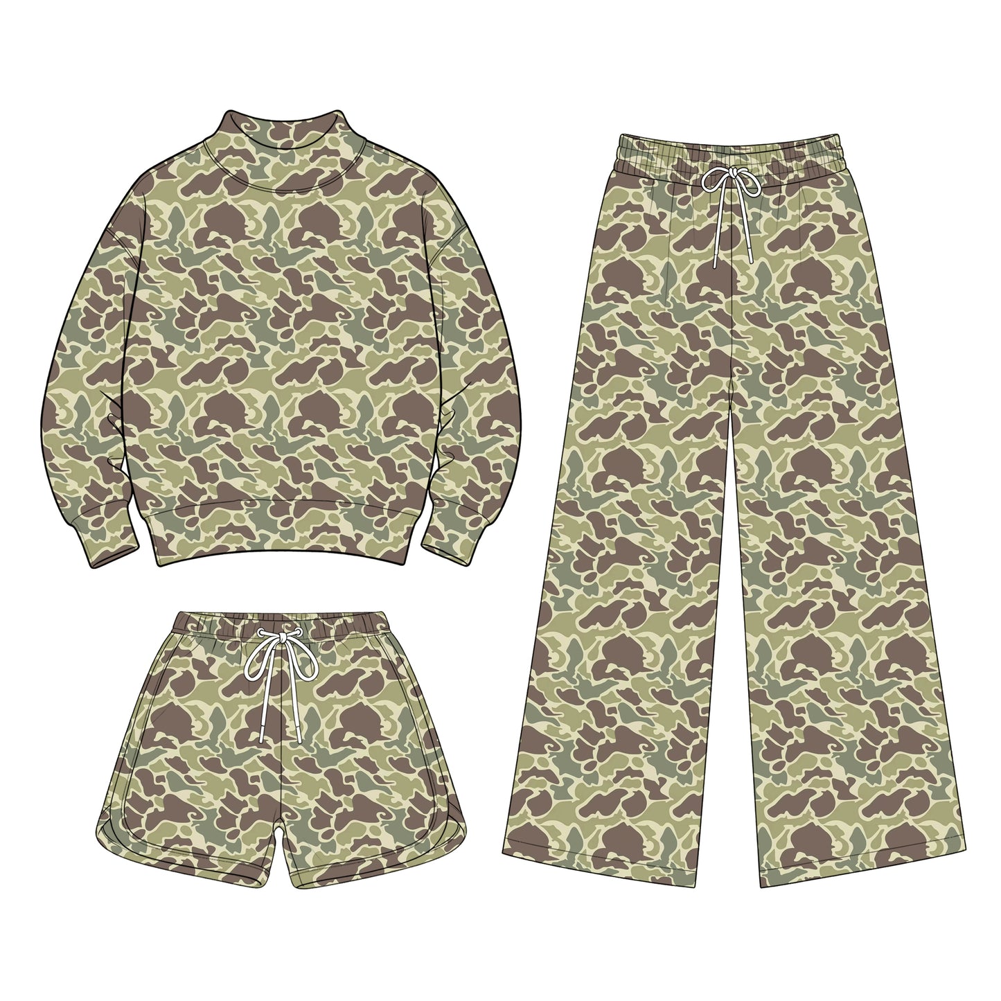 Preorder (moq 5) Baby Girls Camo Shirt Shorts Flare Pants Team Three Pieces Clothes Sets