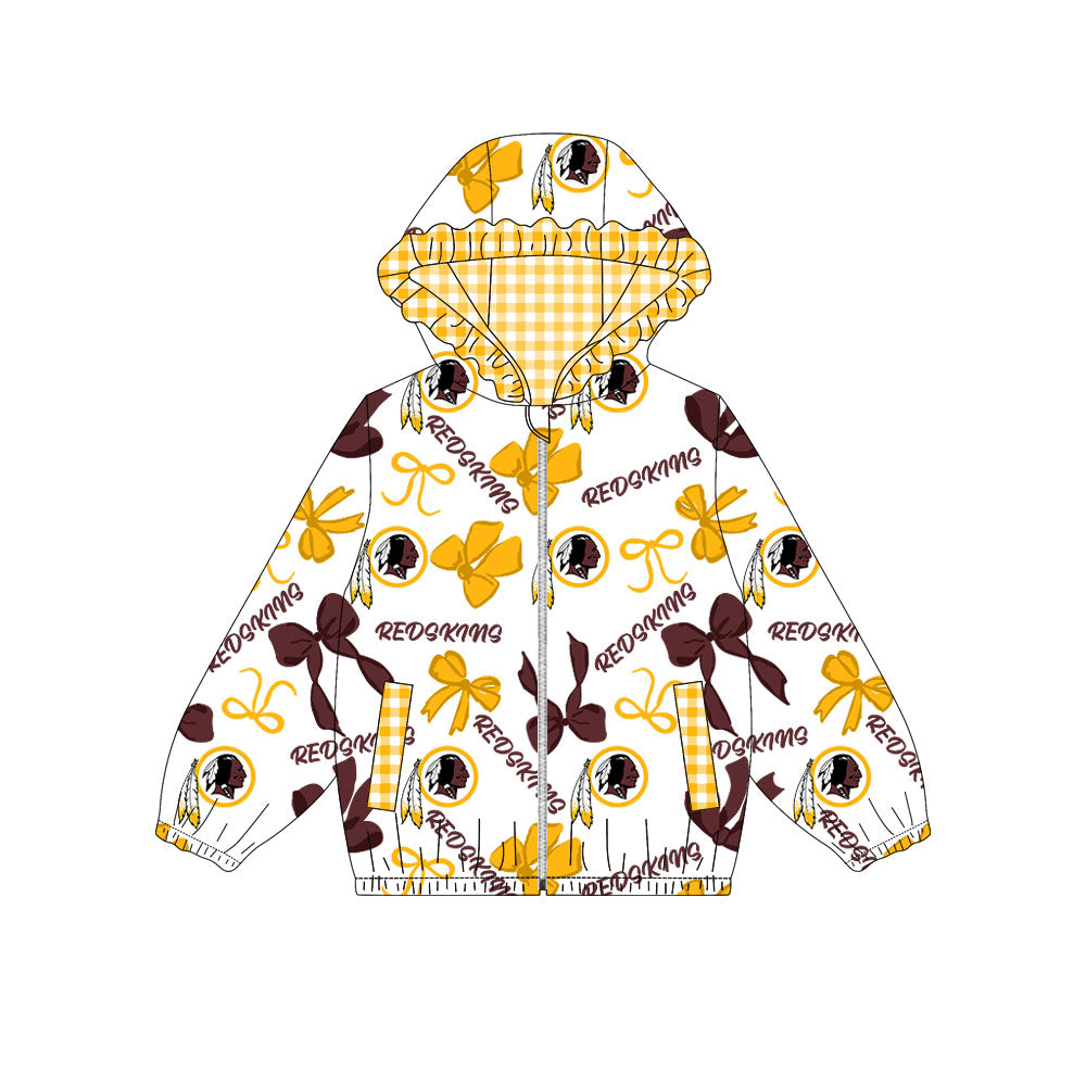Preorder(moq 8)Baby Girls Orange Red Bows Redskins Pockets Zipper Team Ruffle Hoodies Jackets