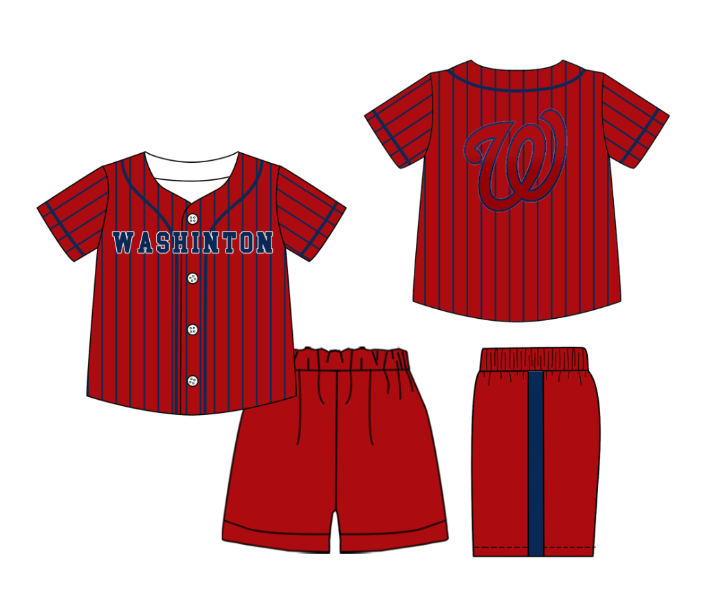 Preorder (moq 5)Baby Boys Blue Stripe Washinton Button Top Shorts Team Clothes Sets