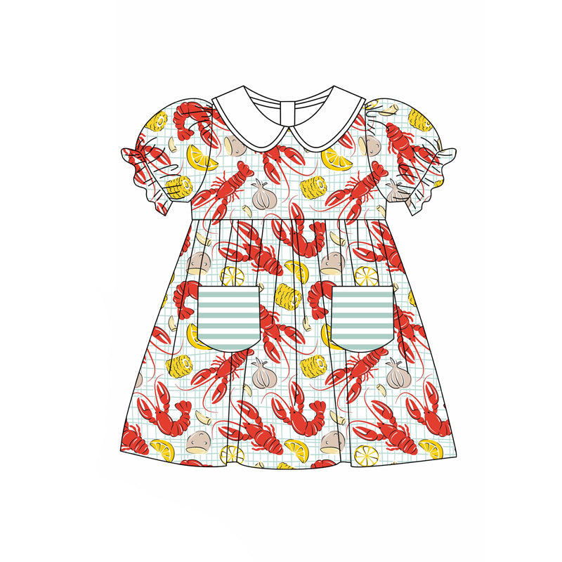 Preorder (moq 5)Baby Girls Crayfishes Checked Collar Pockets Knee Length Dresses