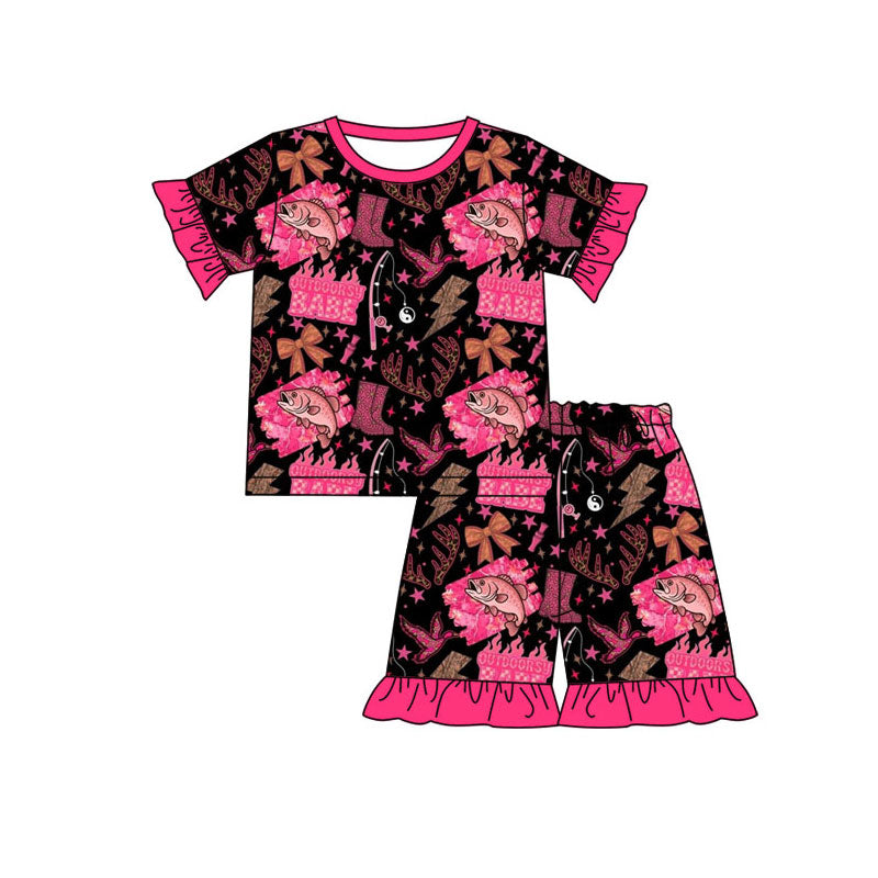 Preorder(moq 5) Baby Girls Pink Deer Ducks Fishing Hunting Ruffle Shorts Pajamas Sets