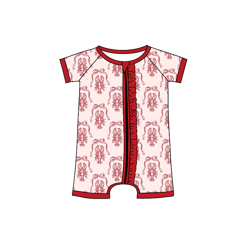 Preorder (moq 5)Baby Girls Short Sleeve Red Crayfishes Ruffle Zipper Shorts Rompers