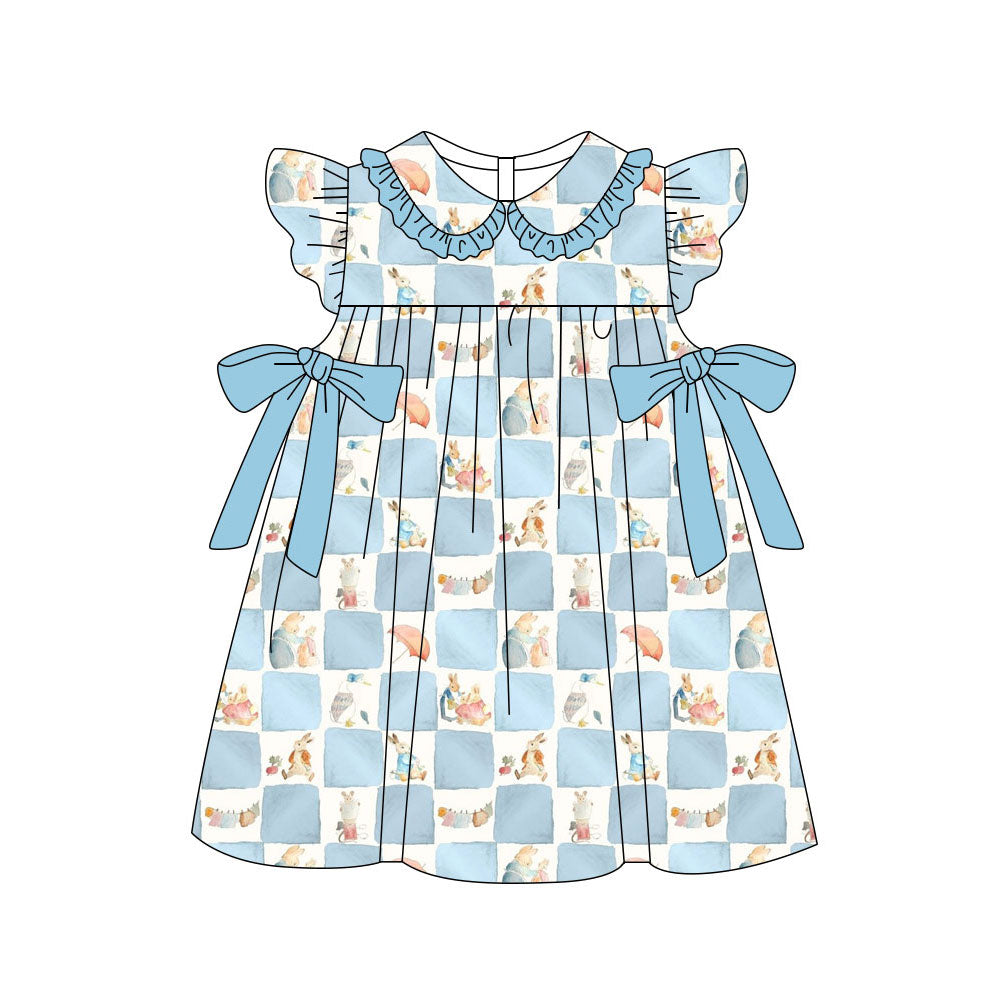 Preorder(moq 5) Baby Girls Blue Checked Rabbits Bows Easter Collar Knee Length Dresses
