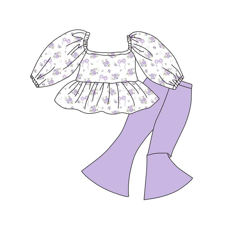 Preorder (moq 5)Baby Girls Lavender Bows Flowers Tunic Bell Bottom Pants Clothes Sets