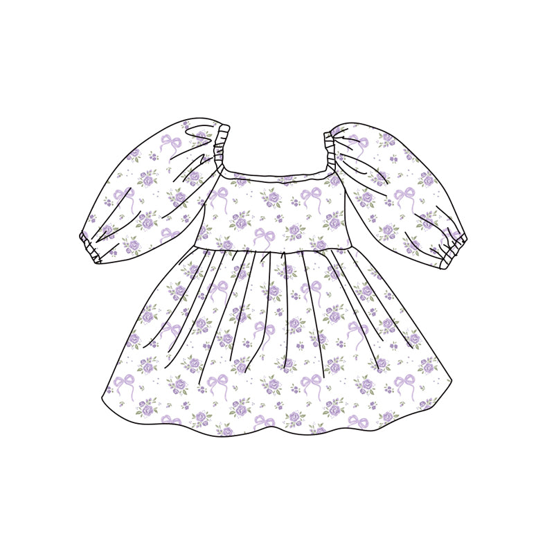 Preorder (moq 5)Baby Girls Lavender Bows Flowers Long Ruffle Sleeve Knee Length Dresses