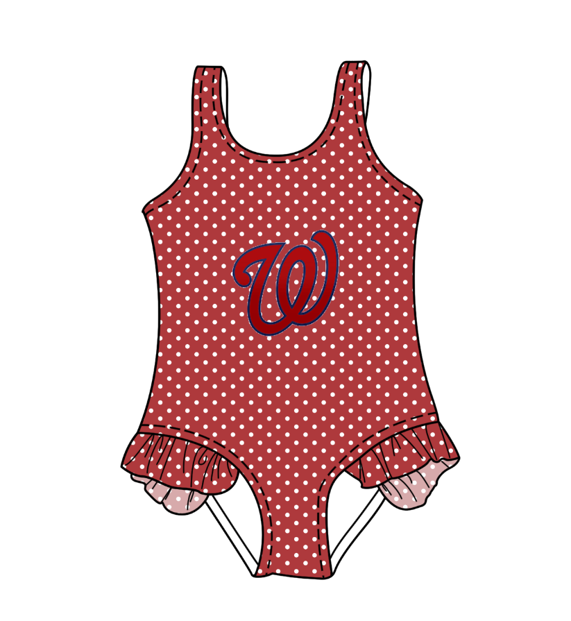 Preorder moq 5 Baby Girls Sleeveless Red Polka Dots W Team Swimsuits