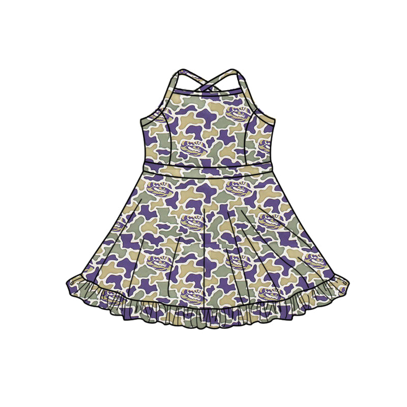 Preorder (moq 5)Baby Girls Strap Southern Camo Team Ruffle Knee Length Dresses