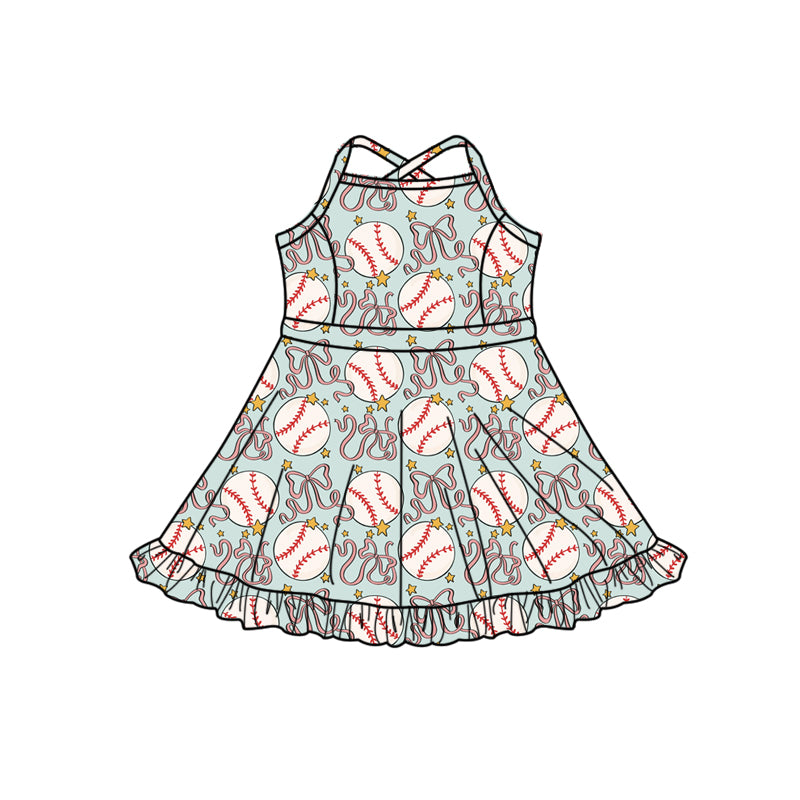 Preorder (moq 5)Baby Girls Strap Baseballs Bows Shorts Ruffle Team Knee Length Dresses