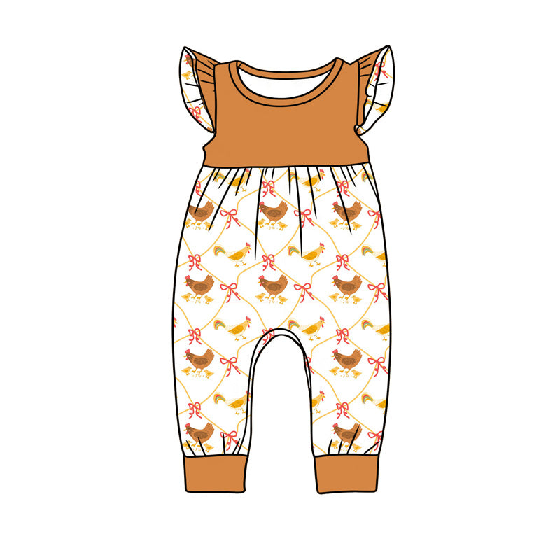 preorder(moq 5) Baby Girls Flutter Sleeve Bows Chicks Checked Farm Rompers