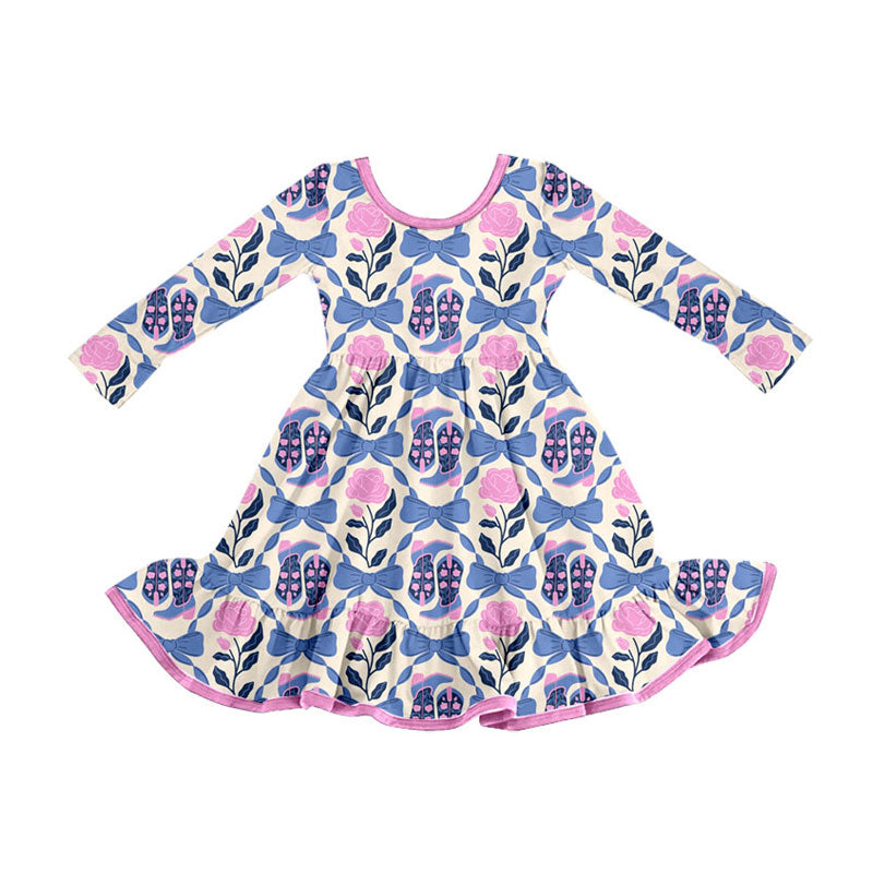Preorder (moq 5)Baby Girls Pink Blue Bows Flowers Boots Ruffle Knee Length Dresses