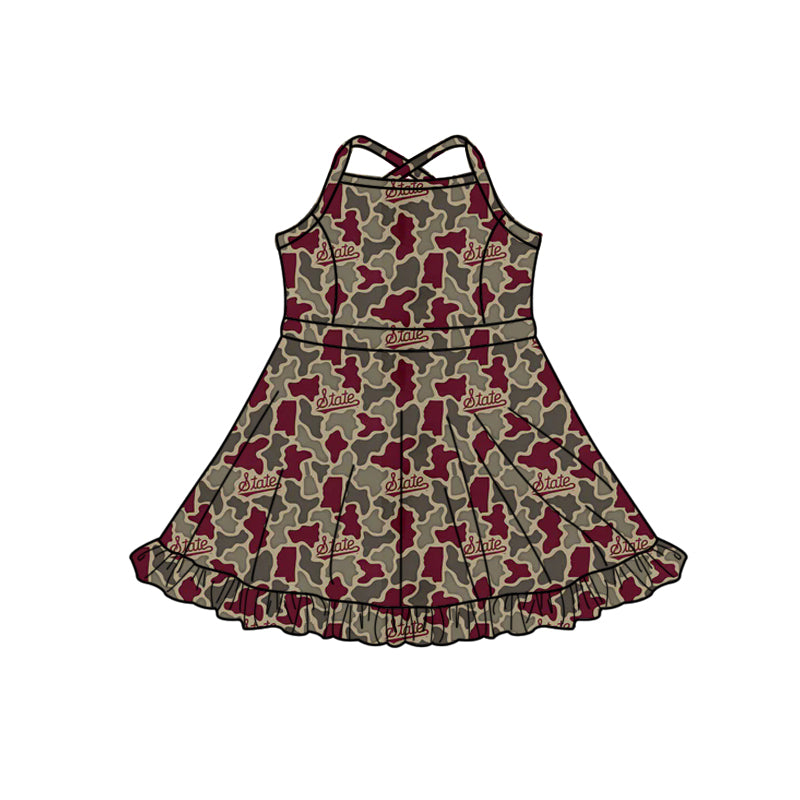 Preorder (moq 5)Baby Girls Strap Southern Red Camo State Team Ruffle Knee Length Dress