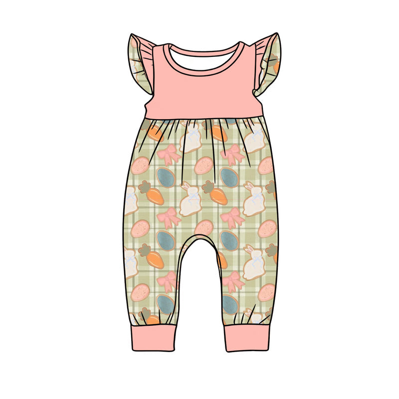 preorder(moq 5) Baby Girls Flutter Sleeve Carrots Rabbits Checked Easter Rompers