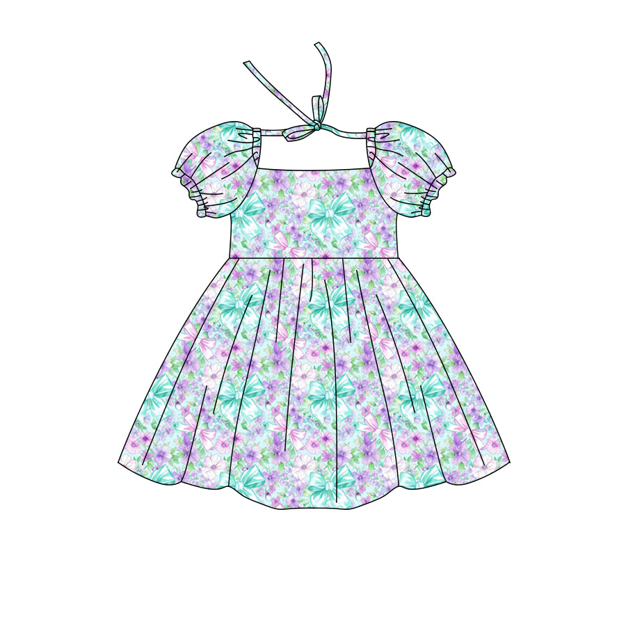 Preorder (moq 5)Baby Girls Short Ruffle Sleeve Colorful Bows Flowers Knee Length Dress