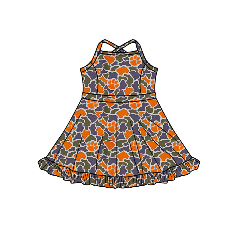 Preorder (moq 5)Baby Girls Strap Southern Orange Camo Pawls Team Ruffle Knee Length Dress