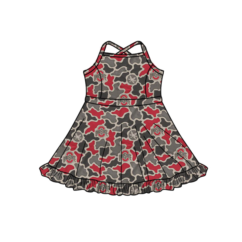 Preorder (moq 5)Baby Girls Strap Southern Camo Ohiostate Team Ruffle Knee Length Dress