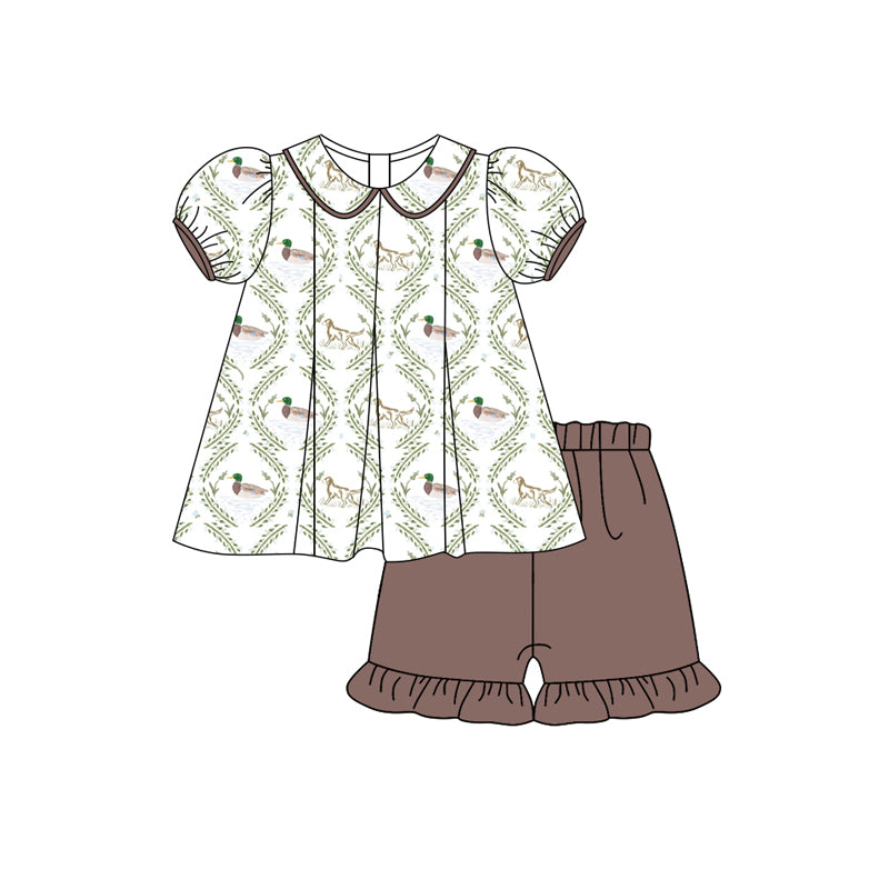 Preorder (moq 5)Baby Girls Short Ruffle Sleeves Dogs Ducks Tunic Dark Brown Ruffle Short Set