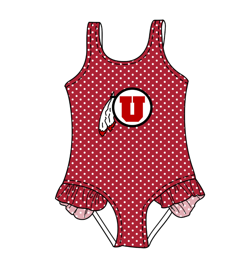 Preorder moq 5 Baby Girls Sleeveless Red Polka Dots Fur U Team Swimsuits