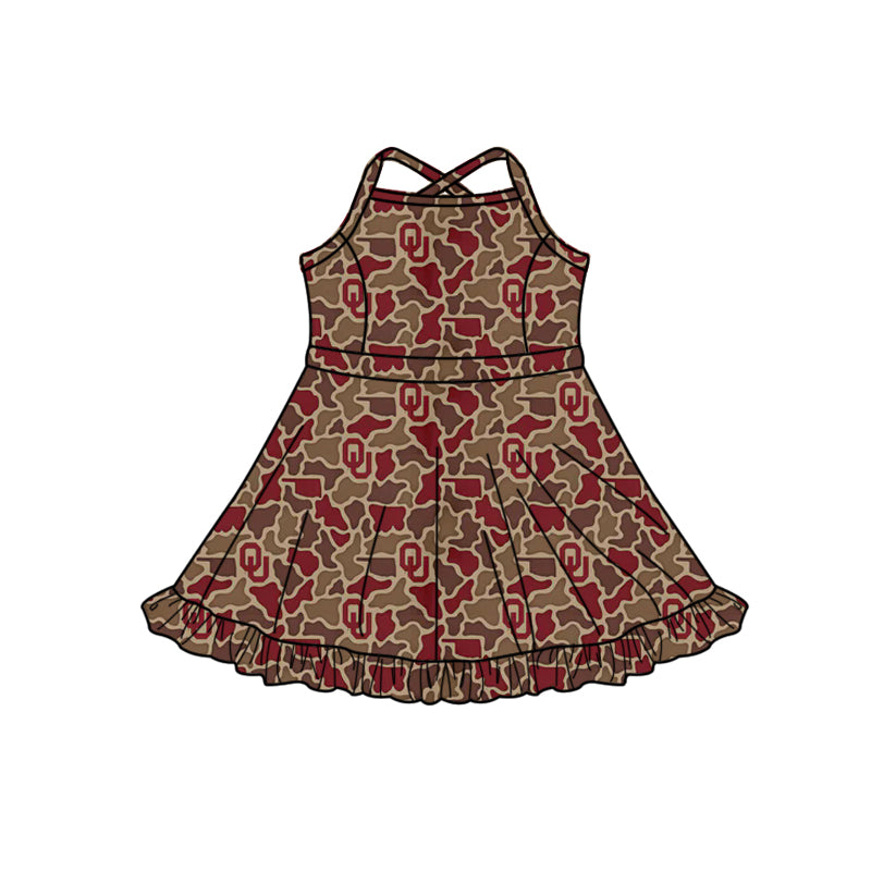 Preorder (moq 5)Baby Girls Strap Southern Red Camo OU Team Ruffle Knee Length Dresses