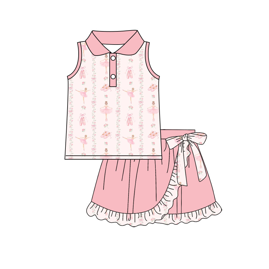 Preorder (moq 5)Baby Girls Flowers Dancers Stripe Button Top Ruffle Skirt Shorts Clothes Set