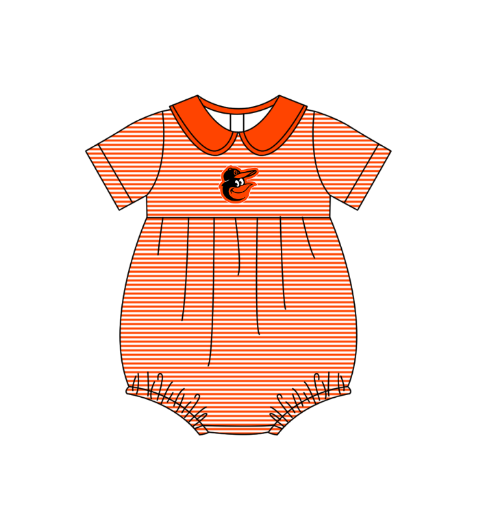 Preorder (moq 5)Baby Girls Short Sleeve Baltimore Orioles Stripe Team Ruffle Rompers