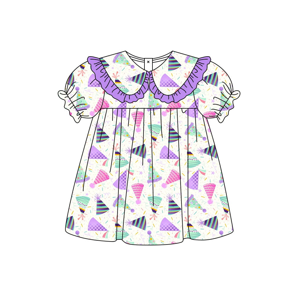 Preorder moq 5 Baby Girls Short Ruffle Sleeve Happy Birthday Collar Knee Length Dresses