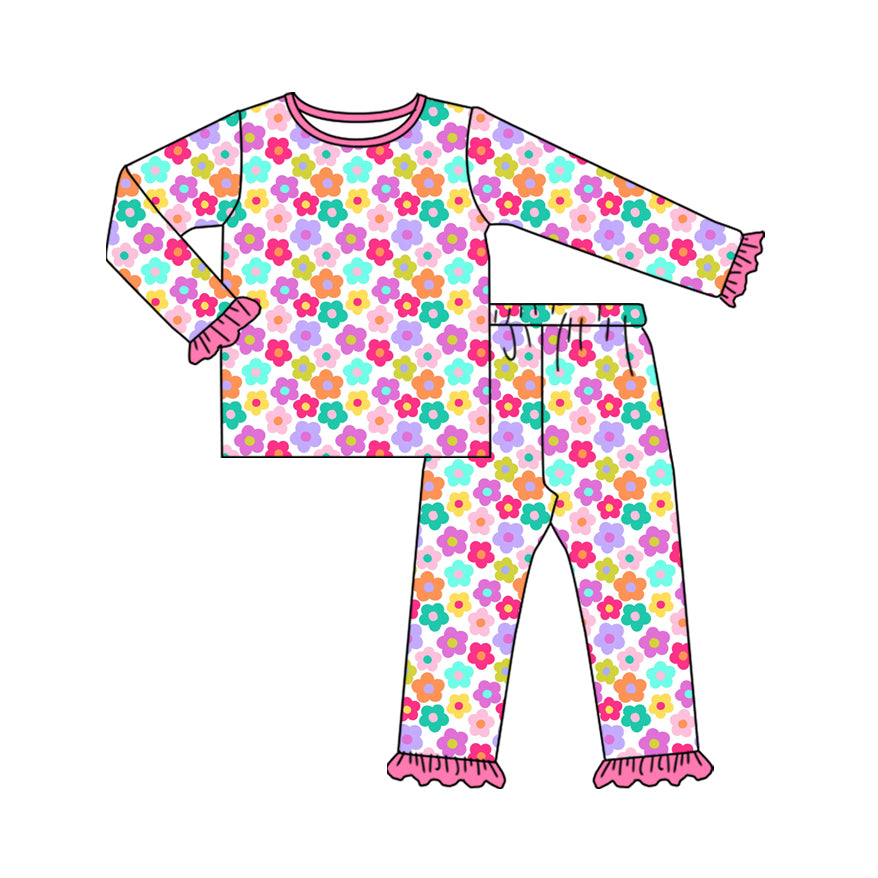 Preorder (moq 20)Baby Girls Bamboo Colorful Floral Ruffle Pants Pajamas Sets