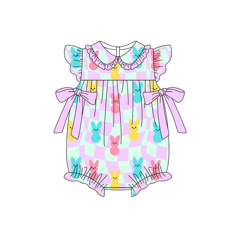 Preorder (moq 5)Baby Girls Flutter Sleeve Colorful Rabbits Checked Bows Easter Ruffle Rompers