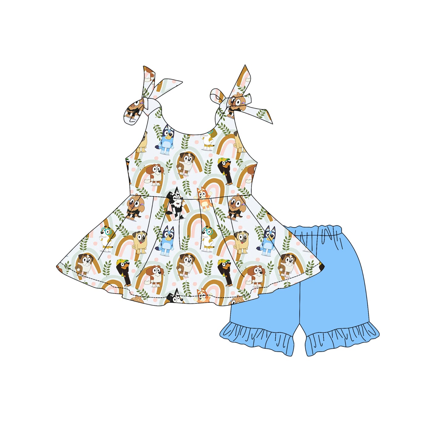Preorder moq 5 Baby Girls Strap Cartoon Dogs Rainbows Tunic Blue Ruffle Short Set