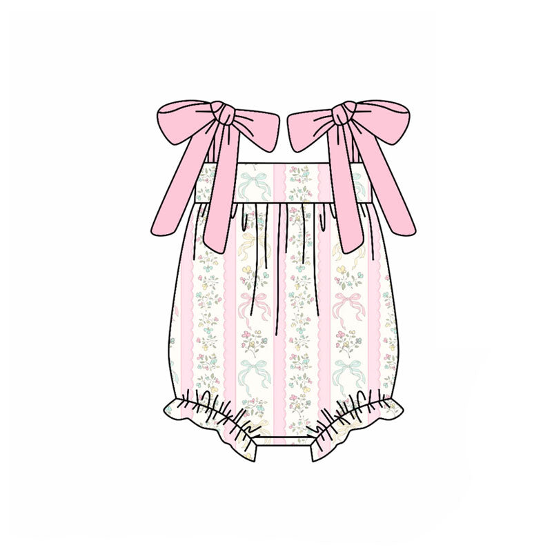 Preorder (moq 5)Baby Boys Pink Strap Bows Flowers Stripe Ruffle Rompers
