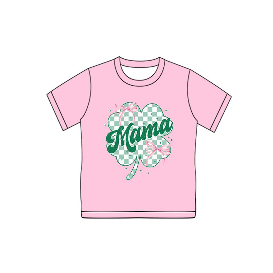 Preorder(moq 8) Adult Women Pink Clovers Bow Mama St Patrick Tee Shirts Top