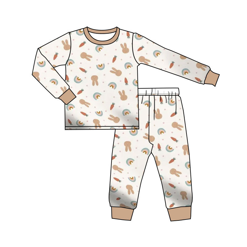 Preorder (moq 20)Baby Girls Bamboo Rabbit Carrots Rainbows Easter Pants Pajamas Sets