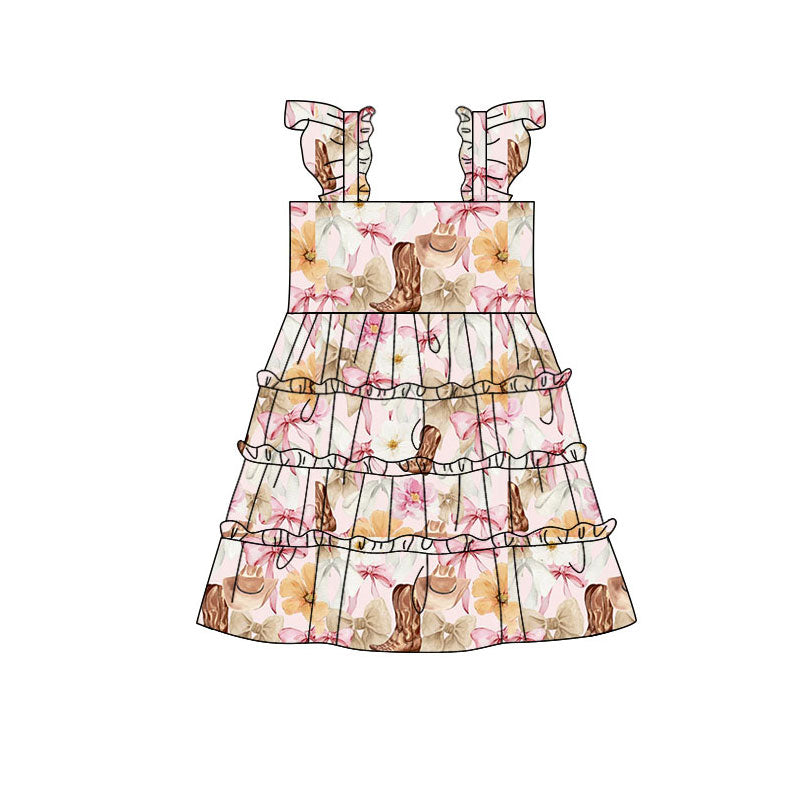 Preorder(moq 5) Baby Girls Flowers Boots Hats Western Patchwork Knee Length Dresses