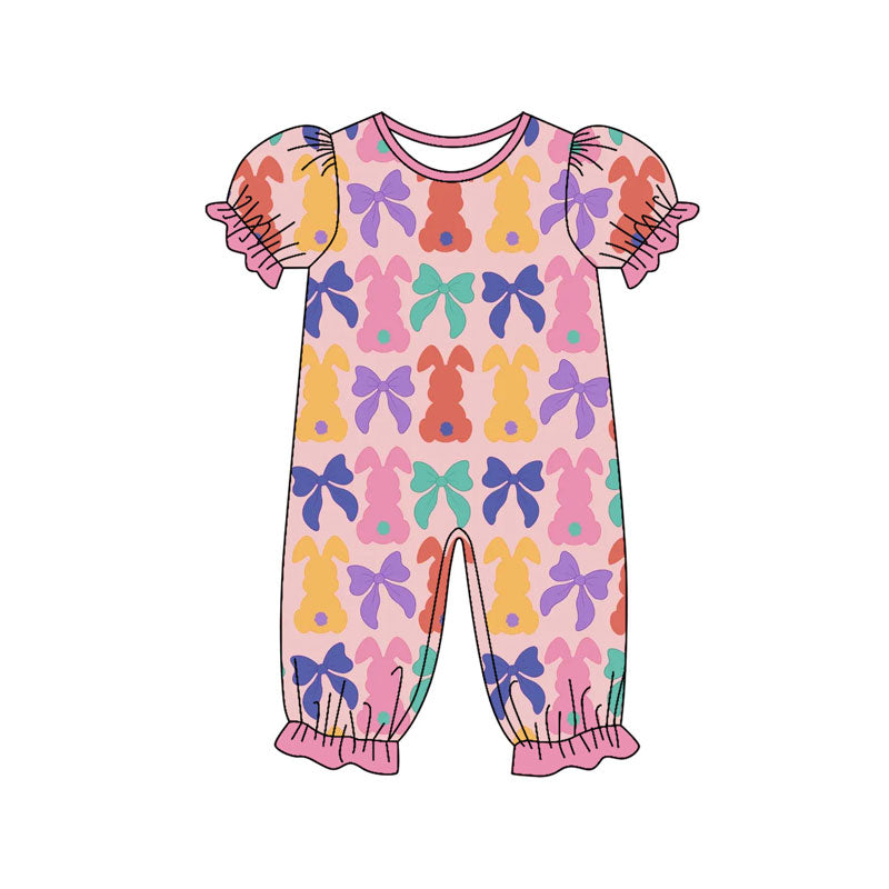 Preorder (moq 5)Baby Girls Colorful Bows Rabbits Easter Ruffle Footie Rompers
