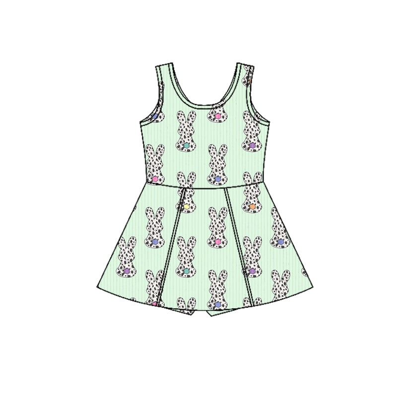 Preorder (moq 5)Baby Girls Sleeveless Cow Print Rabbits Easter Shorts Knee Length Dresses