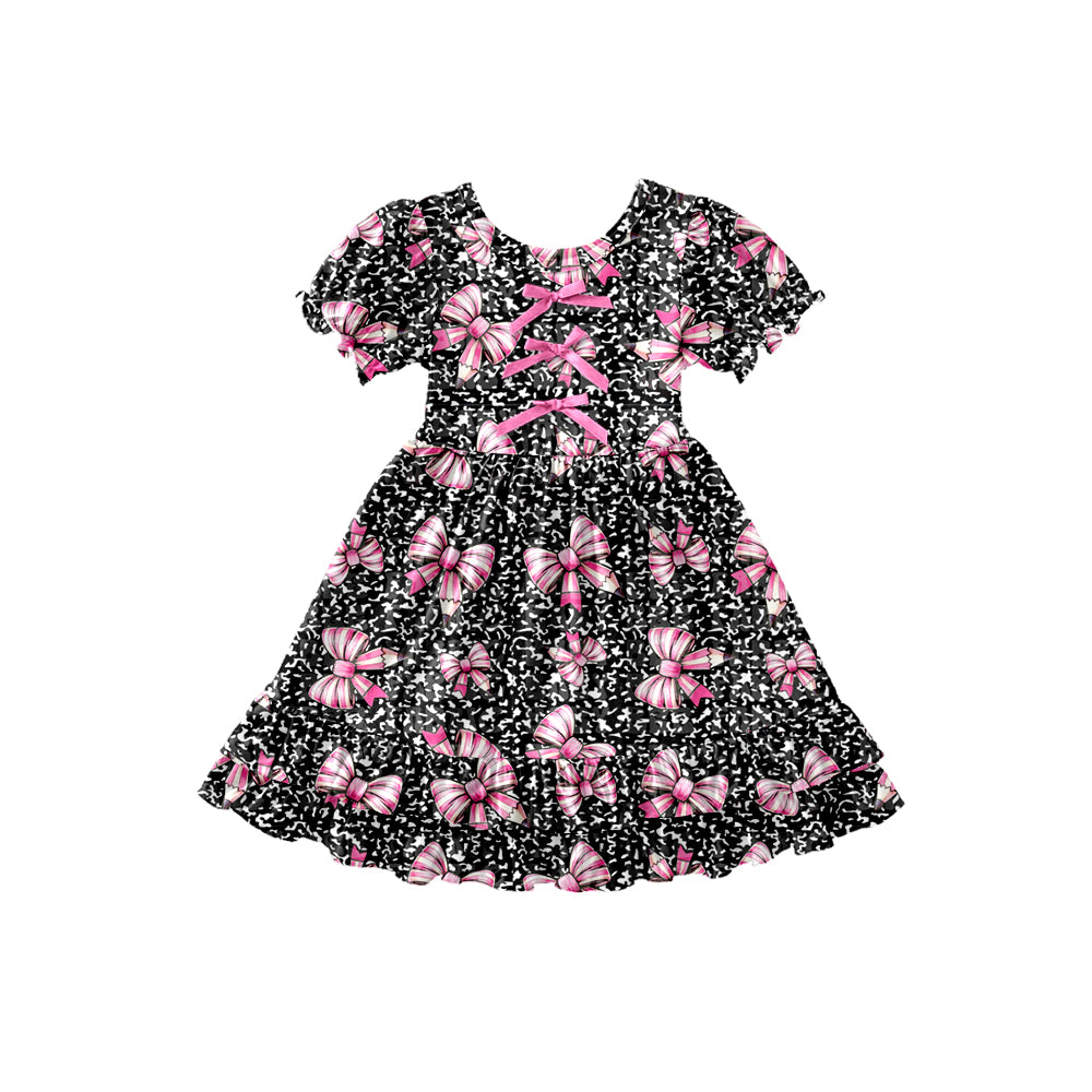 Preorder (moq 5)Baby Girls Black Leopard Pencil Bows Back to School Ruffle Knee Length Dress