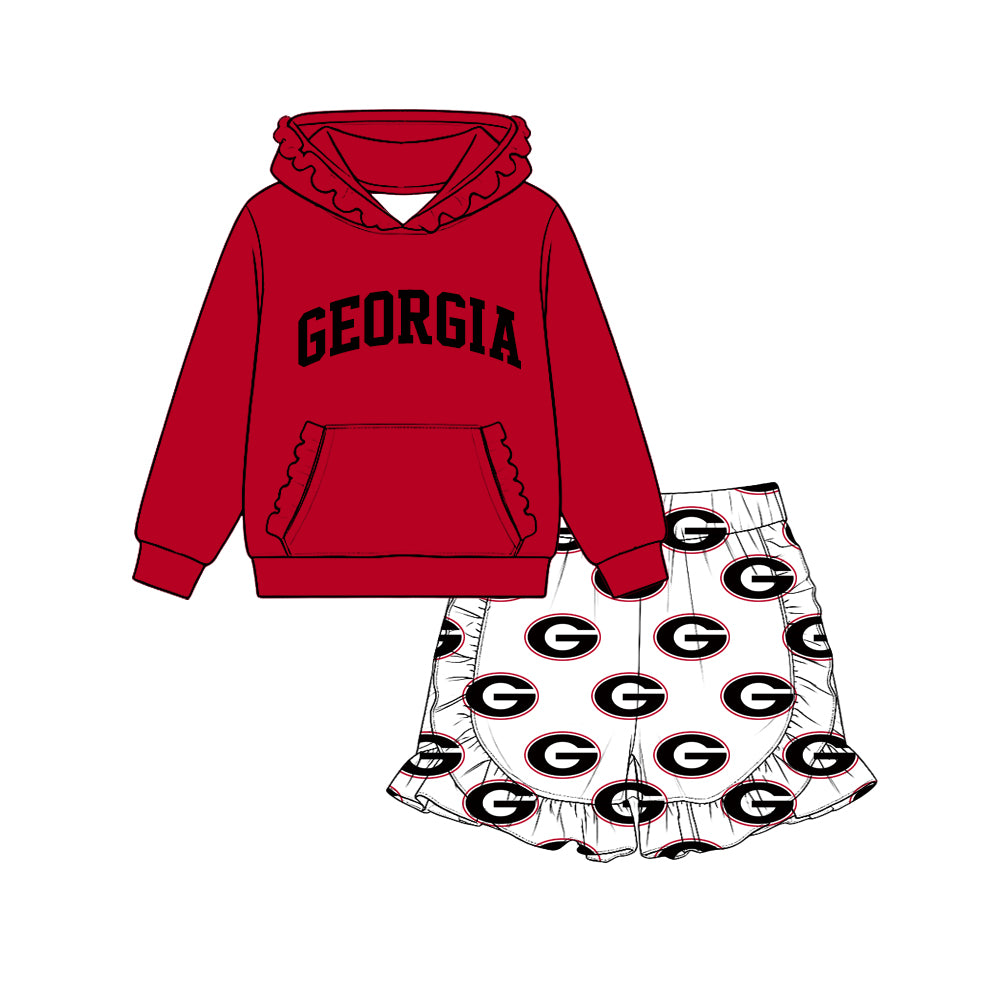 Preorder (moq 5) Baby Girl Clothes Georgia Letter Logo Print Long Sleeve Ruffle Hoodie & Ruffle Short Set