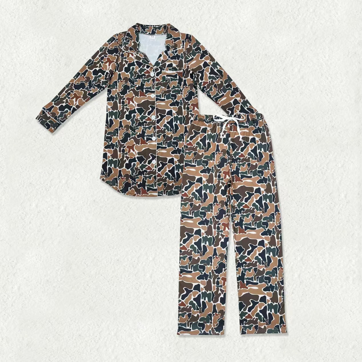 Adult Women Southern Dark Brown Camo Pocket Buttons Top Pants Pajamas Sets
