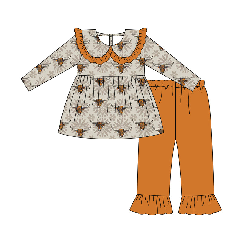 Preorder (moq 5)Baby Girls Long Sleeves Flowers Bull Skull Tunic Ruffle Pant Clothes Set