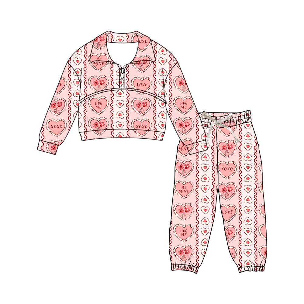 Preorder (moq 5)Baby Girls Flower Hearts Stripe Zipper Top Jogger Valentines Clothes Sets