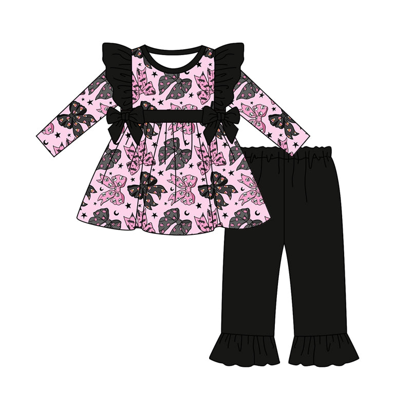 Preorder (moq 5)Baby Girls Long Sleeves Pink Black Bows Stars Tunic Ruffle Pant Sets