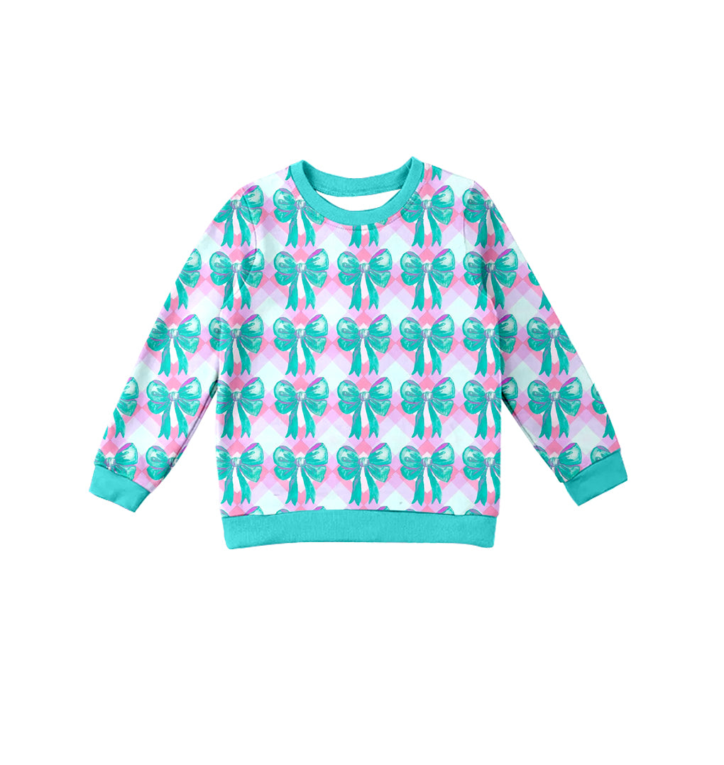 Preorder (moq 5)Baby Girls Long Sleeves Blue Bows Plaid Tee Shirts Top