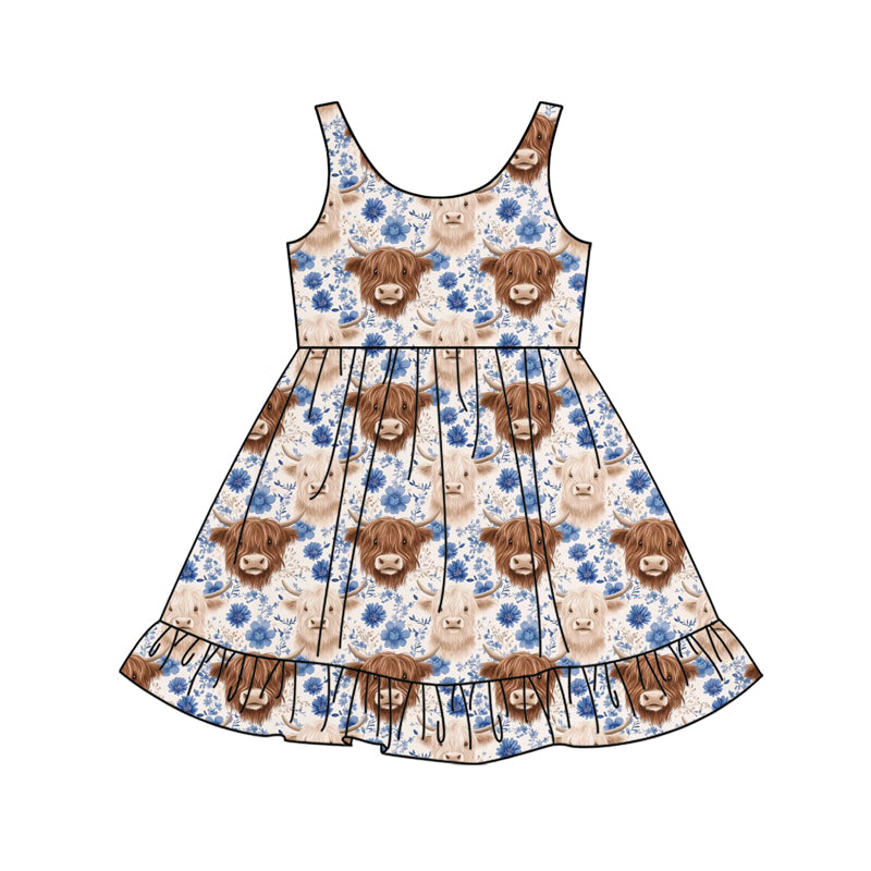 Preorder (moq 5)Baby Girls Flowers Highland Cows Western Ruffle Knee Length Dresses